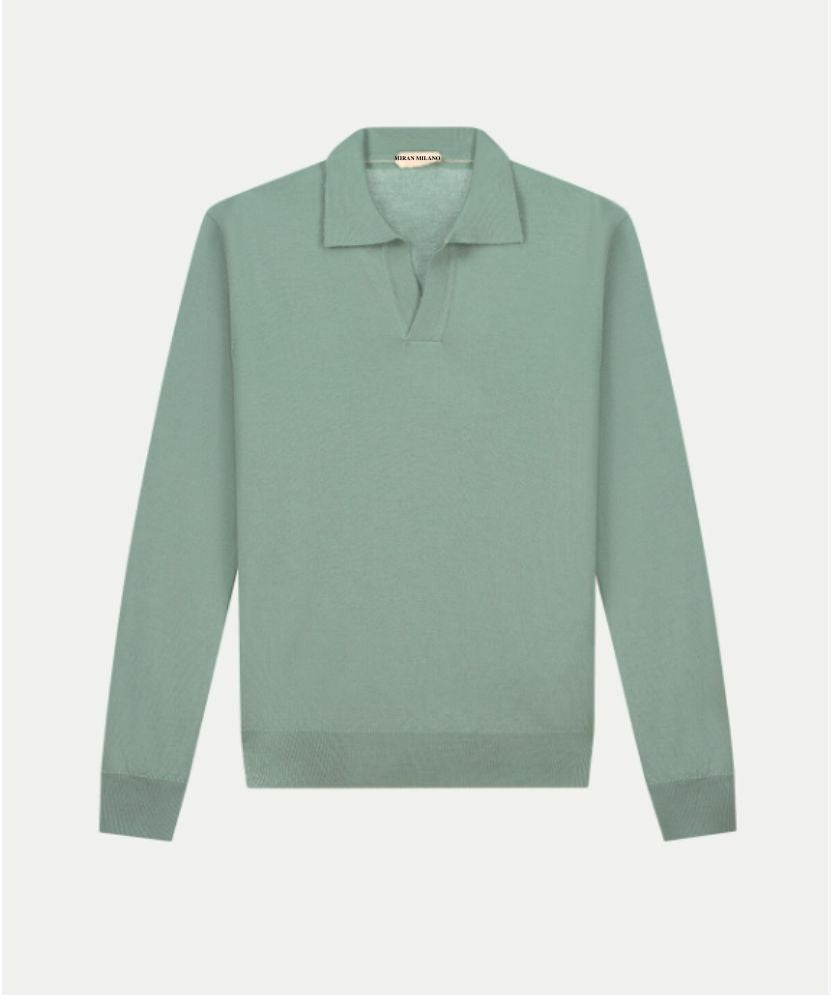 Fıstık Yeşili Düğmesiz Extrafine Merino Polo Kazak