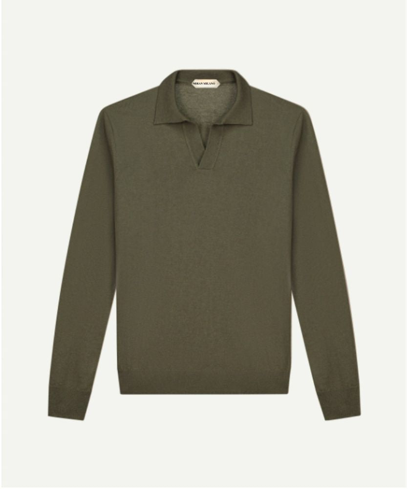 Zeytin Yeşili Düğmesiz Extrafine Merino Polo Kazak