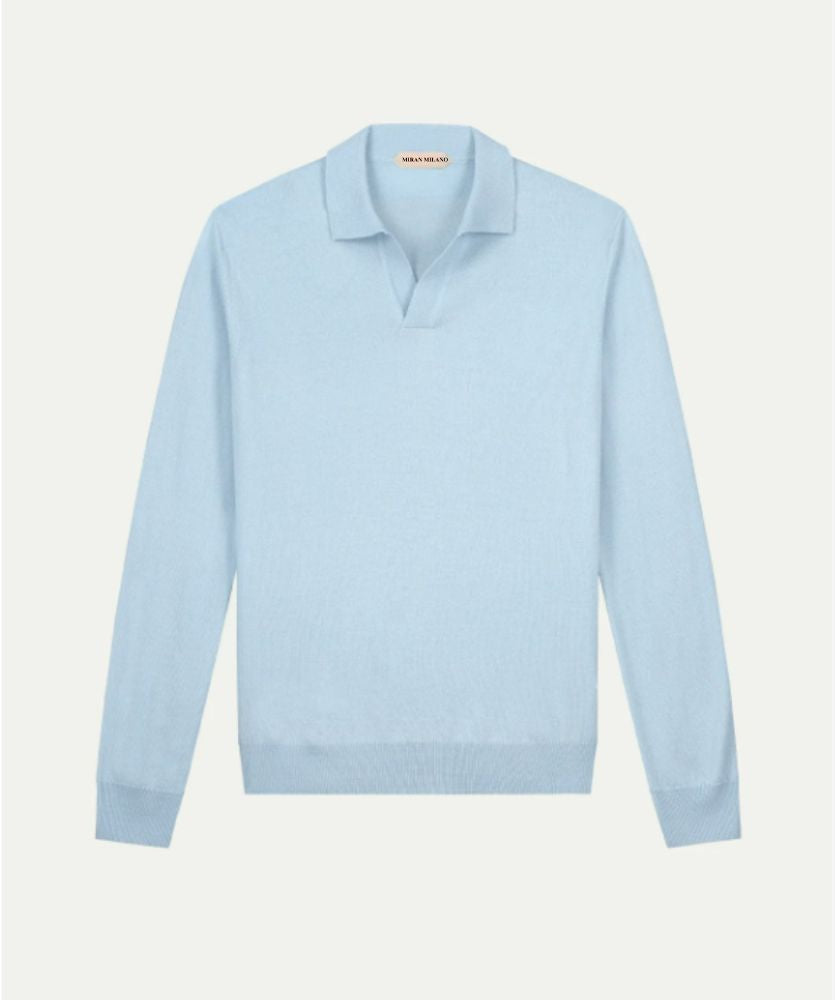 Açık Mavi Düğmesiz Extrafine Merino Polo Kazak