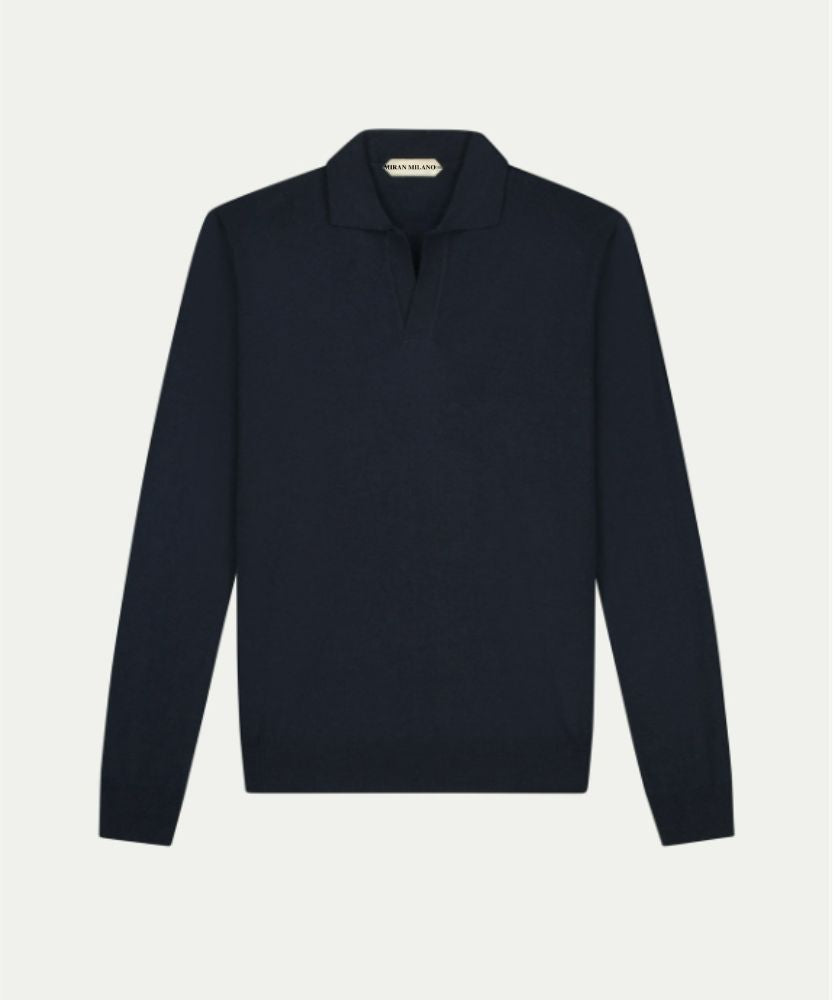Lacivert Düğmesiz Extrafine Merino Polo Kazak