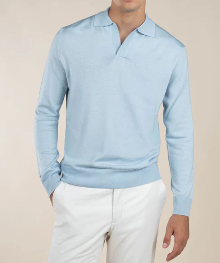 Açık Mavi Düğmesiz Extrafine Merino Polo Kazak
