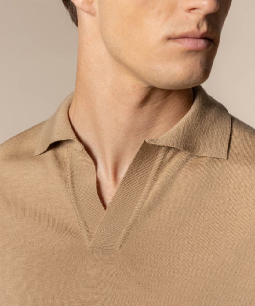Bej Düğmesiz Extrafine Merino Polo Kazak
