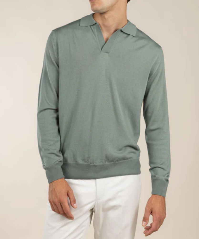 Fıstık Yeşili Düğmesiz Extrafine Merino Polo Kazak