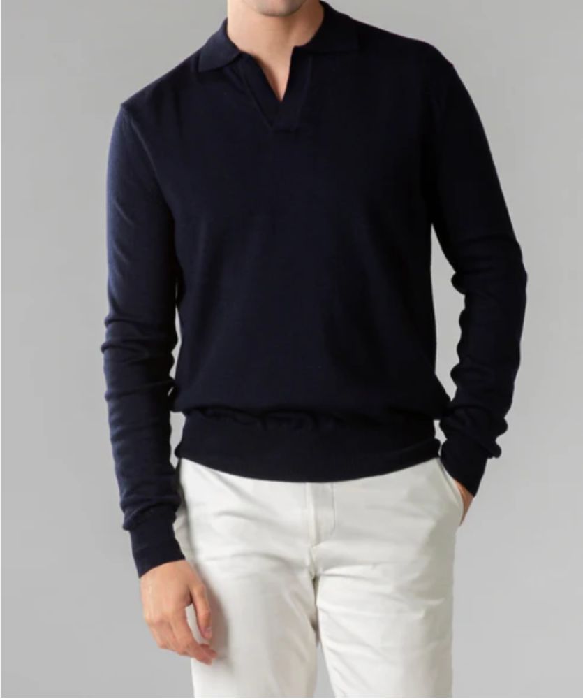 Lacivert Düğmesiz Extrafine Merino Polo Kazak