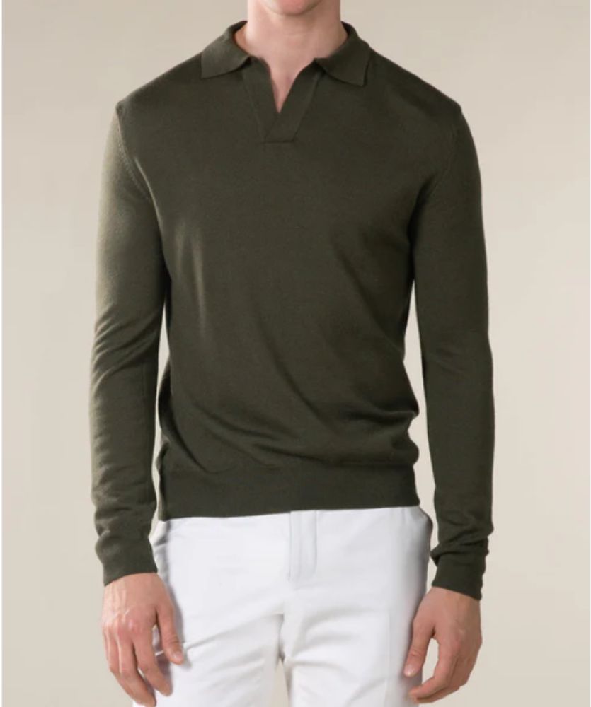 Zeytin Yeşili Düğmesiz Extrafine Merino Polo Kazak