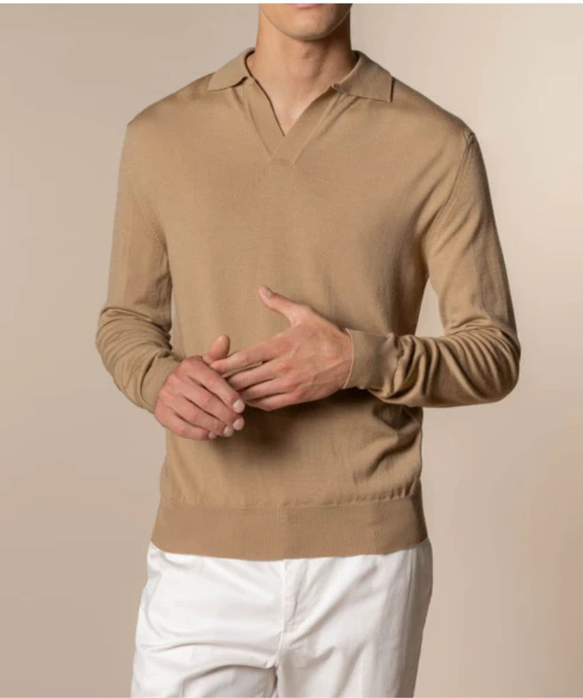 Bej Düğmesiz Extrafine Merino Polo Kazak
