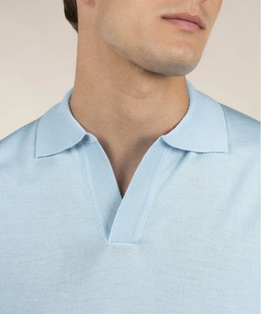 Açık Mavi Düğmesiz Extrafine Merino Polo Kazak