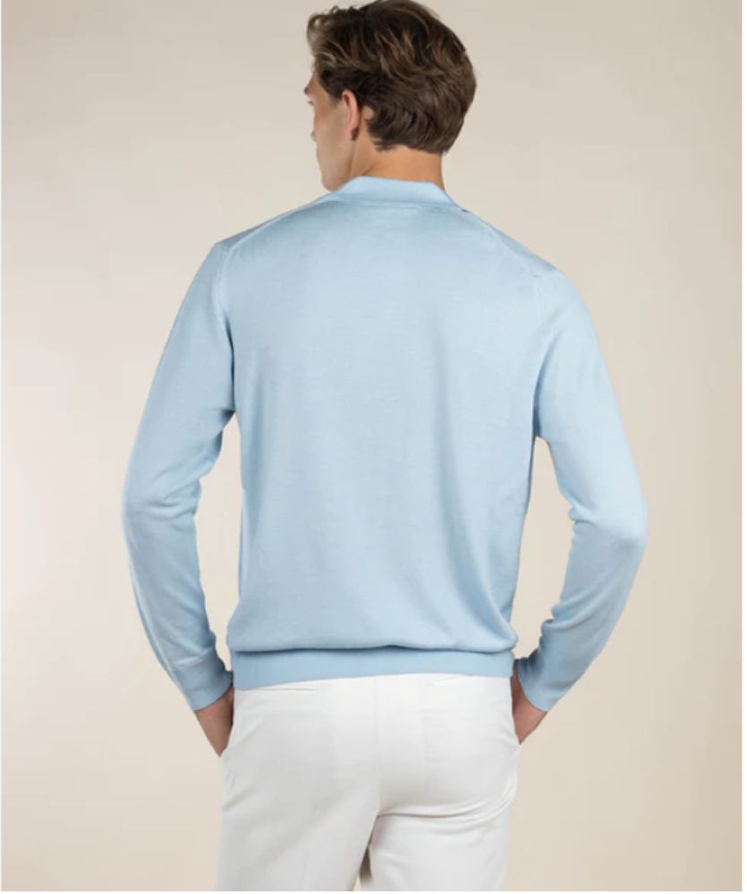 Açık Mavi Düğmesiz Extrafine Merino Polo Kazak