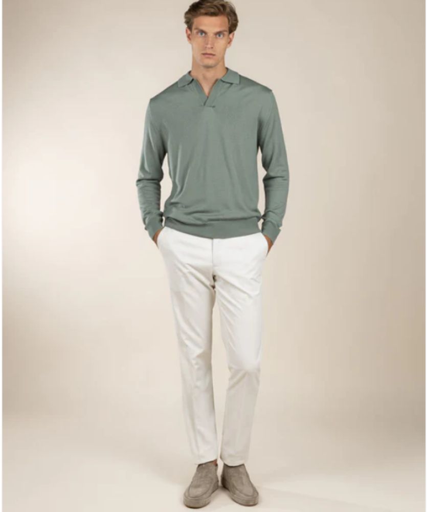 Fıstık Yeşili Düğmesiz Extrafine Merino Polo Kazak