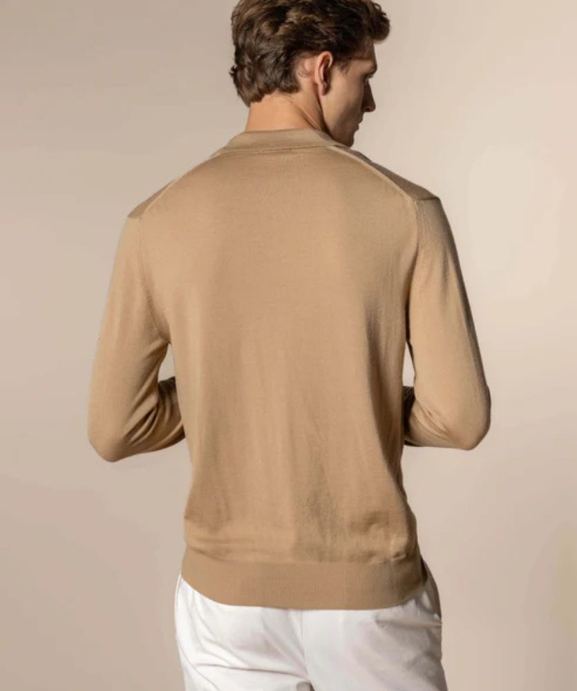 Bej Düğmesiz Extrafine Merino Polo Kazak