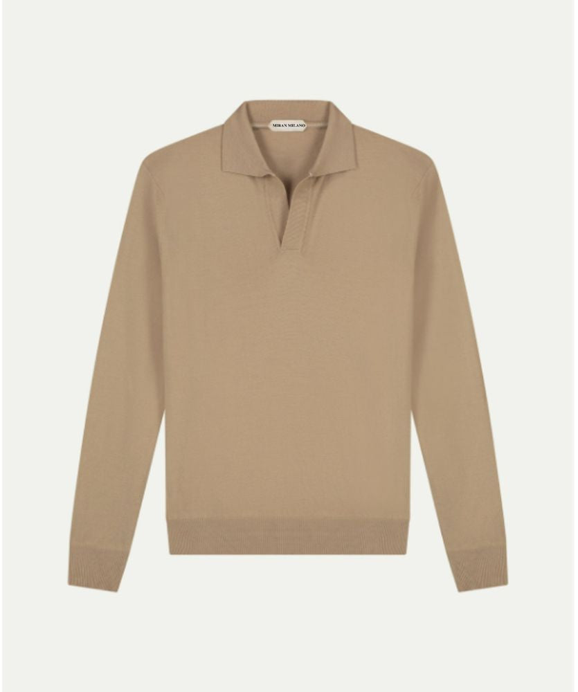 Bej Düğmesiz Extrafine Merino Polo Kazak