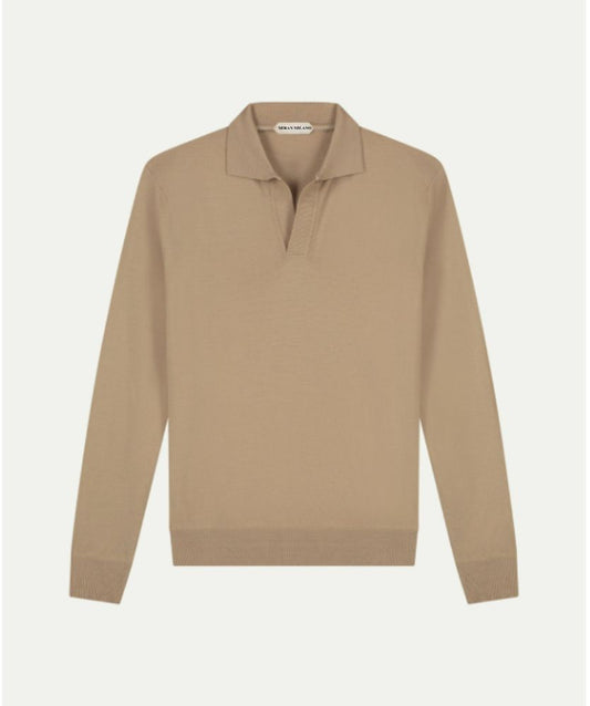 Bej Düğmesiz Extrafine Merino Polo Kazak