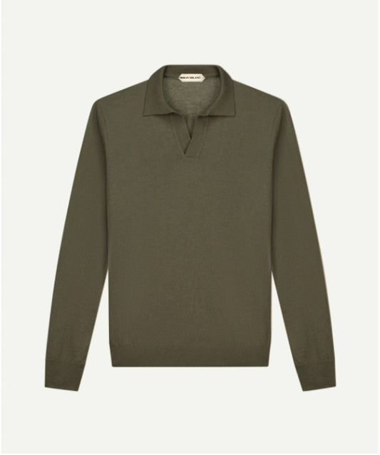 Zeytin Yeşili Düğmesiz Extrafine Merino Polo Kazak
