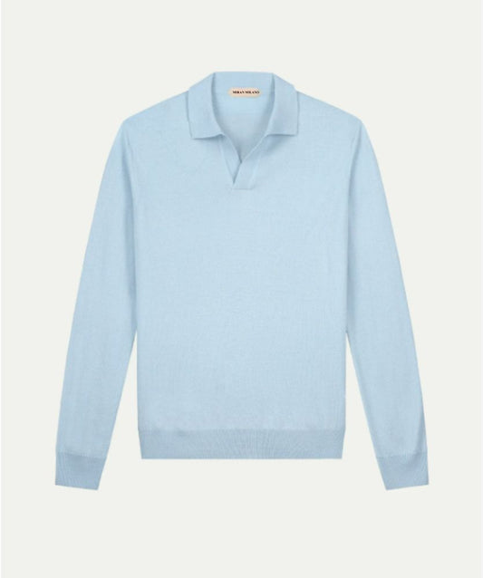 Açık Mavi Düğmesiz Extrafine Merino Polo Kazak