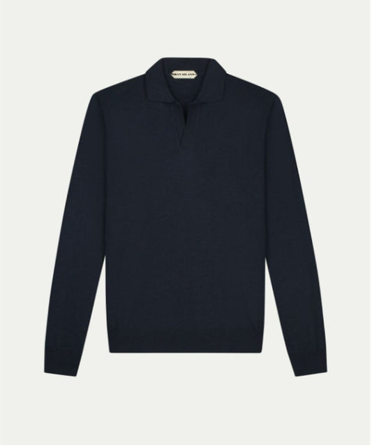 Lacivert Düğmesiz Extrafine Merino Polo Kazak