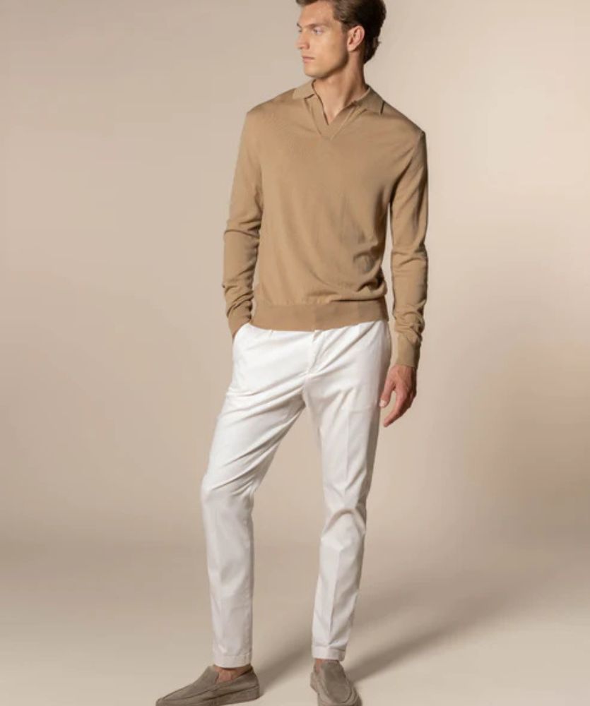 Bej Düğmesiz Extrafine Merino Polo Kazak